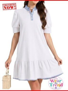 Womens V-Neck Mini Dress Loose Fit Cotton Polyester Ruffle Collar